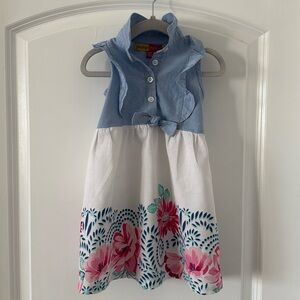 PenelopeMack Blue Denim, White Floral Dress w/Ruffle Front & Back, Size 24M